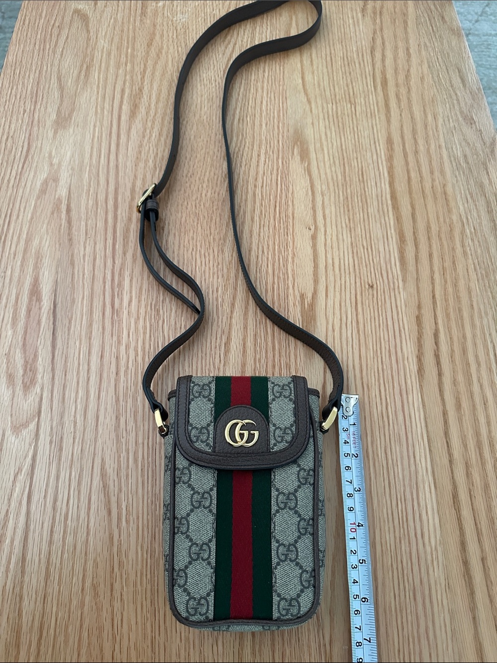 Gucci Brown GG Ophidia Supreme Crossbody Phone Pouch with Green & Red Stripe
